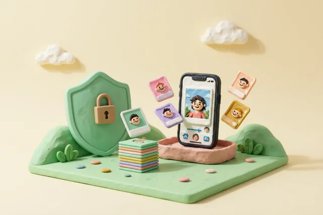 Clay illustration: a sturdy mint clay shield with a small padlock standing guard in front of a neat stack of clay photo prints