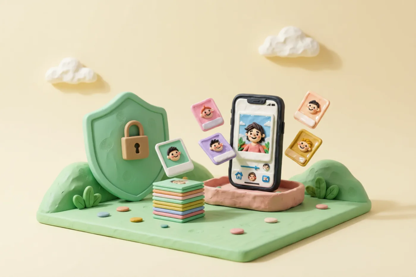 Clay illustration: a sturdy mint clay shield with a small padlock standing guard in front of a neat stack of clay photo prints