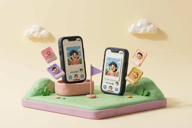 Clay illustration: two rounded clay smartphones side by side on a small podium