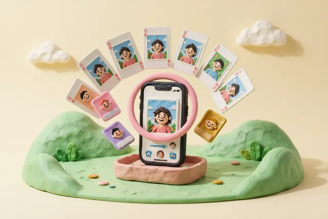 Clay illustration: a fan of near-identical clay photographs spread like playing cards