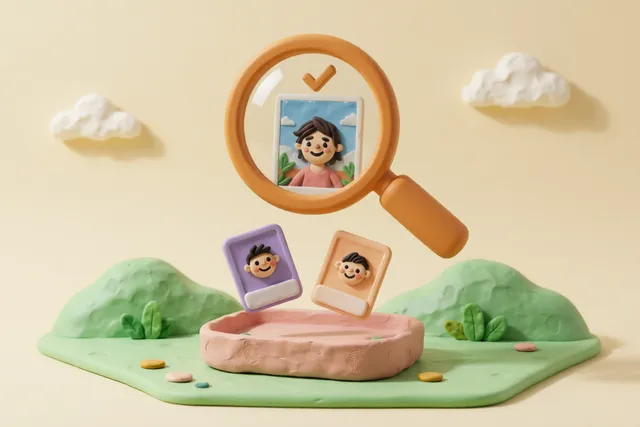 Clay illustration: an oversized clay magnifying glass hovering over two identical clay photographs