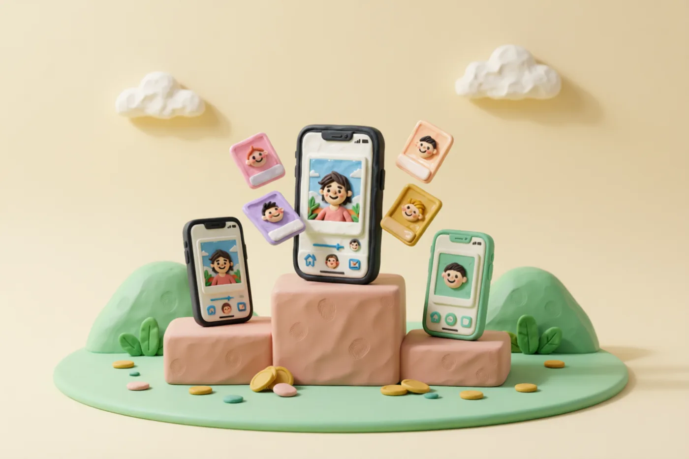 Clay illustration: three small clay smartphones on a winners podium with a few chunky clay coins scattered at the base