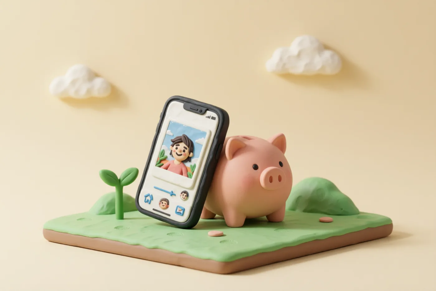 Clay illustration: a clay smartphone leaning against a chubby pink piggy bank with a coin slot