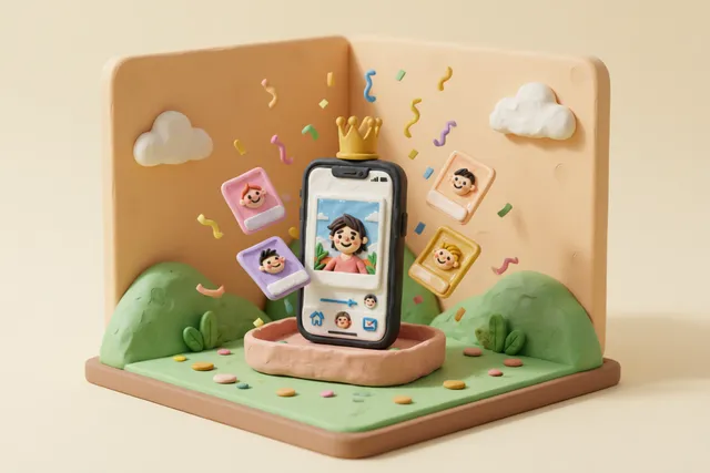 Clay illustration: a clay smartphone wearing a tiny gold trophy hat