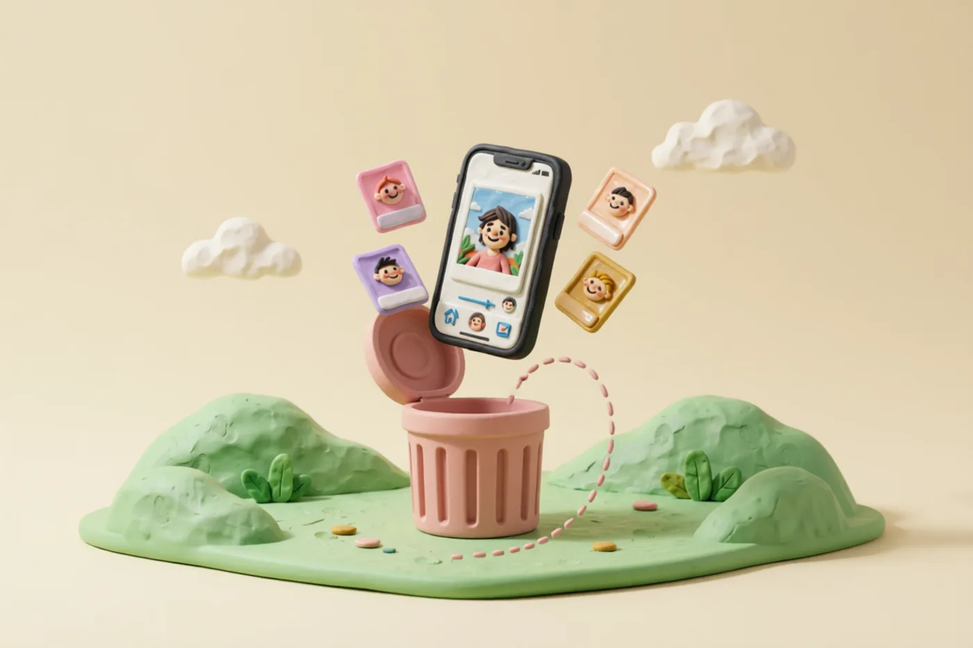 Clay illustration: a clay photograph hopping back out of a small clay trash bin along a dotted motion arc