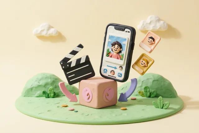 Clay illustration: a chunky clay film clapperboard being gently pressed into a much smaller cube by two symmetric downward arrows