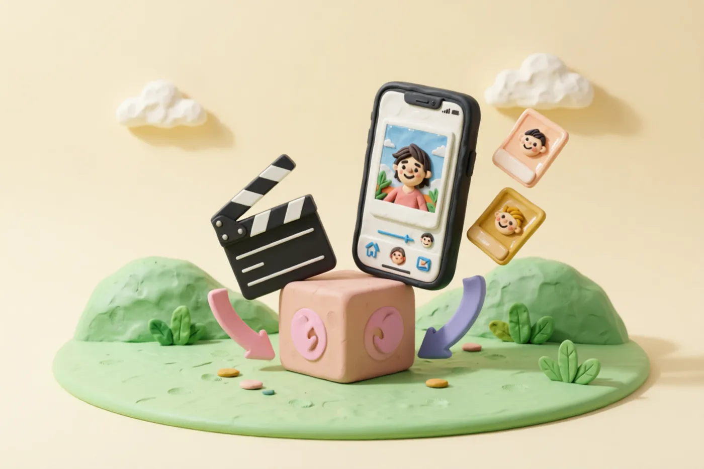 Clay illustration: a chunky clay film clapperboard being gently pressed into a much smaller cube by two symmetric downward arrows