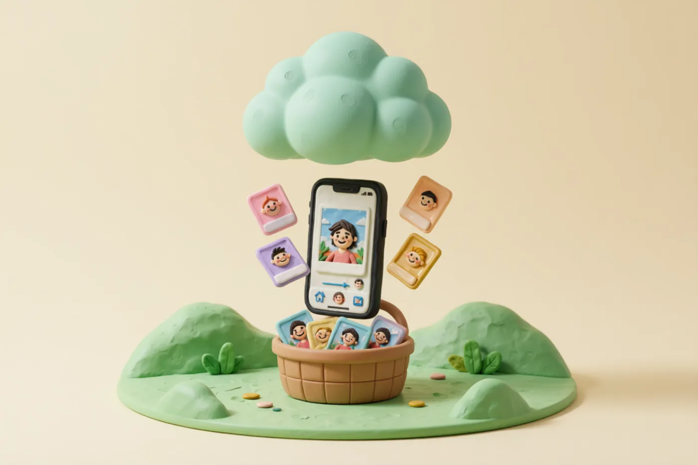 Clay illustration: a chubby clay cloud floating safely above a clay smartphone