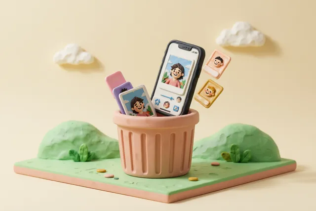 Clay illustration: a small clay trash bin with a twin pair of identical photographs leaning over its edge
