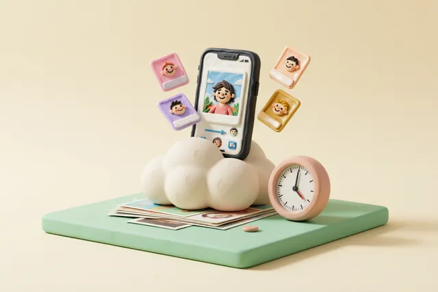 Clay illustration: a plump clay cloud sitting on a tidy stack of photographs with a round gauge beside it pointing to full