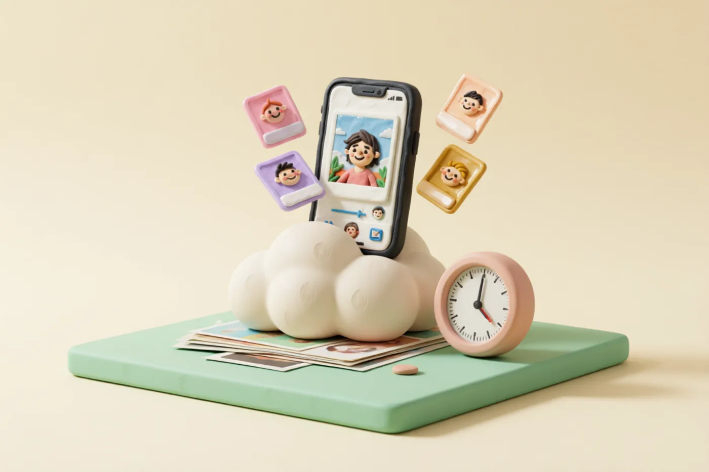 Clay illustration: a plump clay cloud sitting on a tidy stack of photographs with a round gauge beside it pointing to full