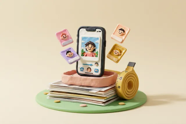 Clay illustration: a yellow clay measuring tape wrapped around a thick stack of photographs