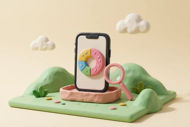 Clay illustration: a clay smartphone whose screen is a colorful round donut chart with chunky segments