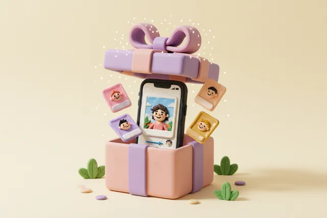 Clay illustration: a clay smartphone tucked into a gift box with a big bow on top