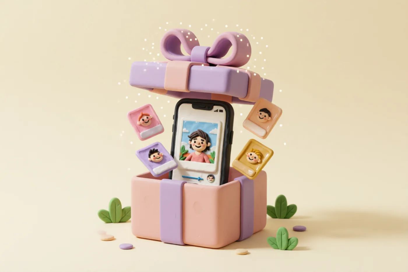 Clay illustration: a clay smartphone tucked into a gift box with a big bow on top