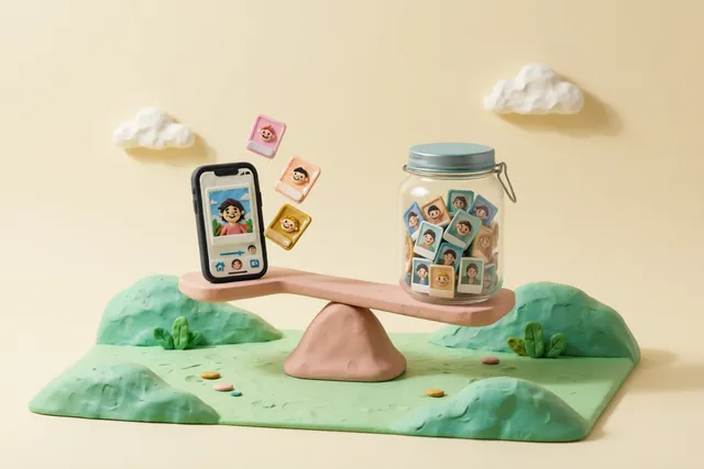 Clay illustration: a balanced clay scale: a smartphone on one side and a glass jar full of tiny photographs on the other