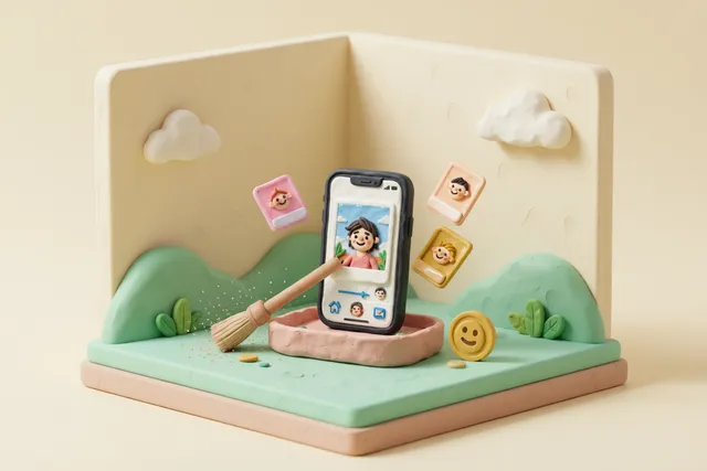 Clay illustration: a clay smartphone being swept by a small broom with a few dust puffs