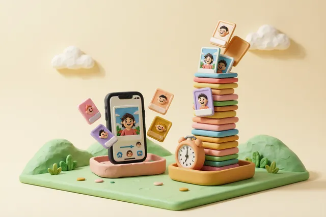Clay illustration: a chunky clay stopwatch next to a tall stack of photographs with the top few photos sliding off into a tray