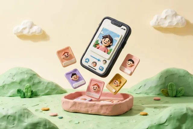 Clay illustration: a clay smartphone tipping forward and dropping screenshot cards into a neat clay tray below