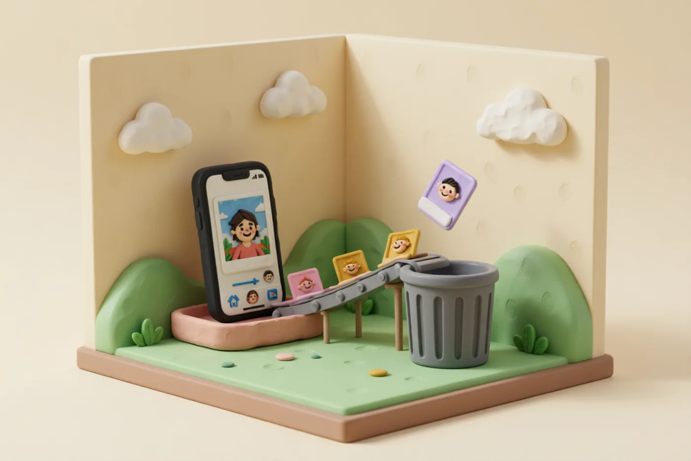 Clay illustration: a small conveyor belt carrying clay photographs toward a rounded trash bin