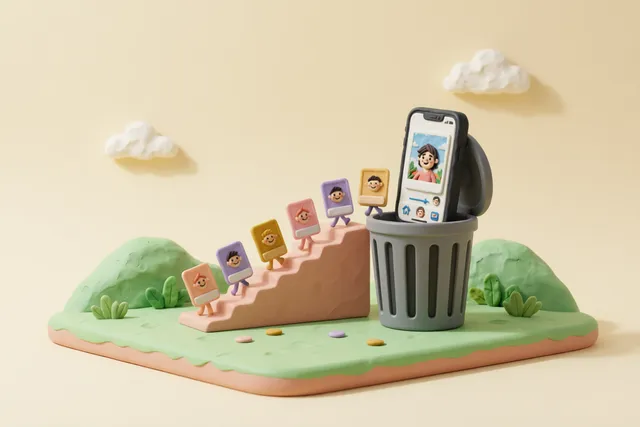 Clay illustration: a marching line of clay screenshot cards walking up a tiny ramp into an open trash bin
