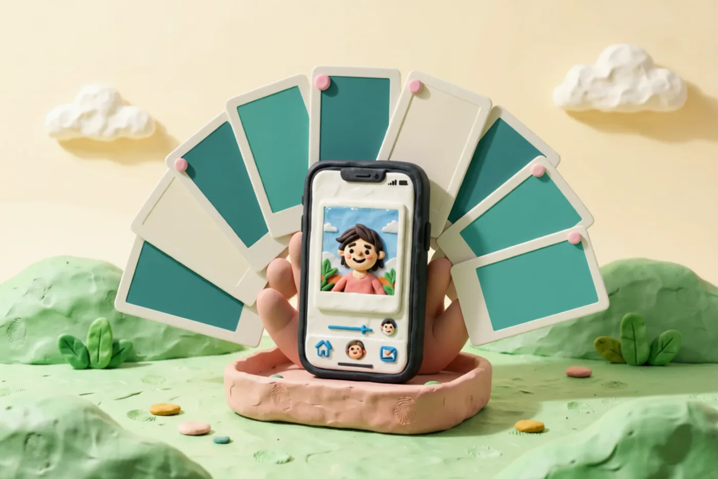 Clay illustration: a wide fan of clay photographs spread like a deck of cards