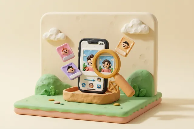 Clay illustration: a clay magnifying glass held over a smartphone showing two identical photo thumbnails