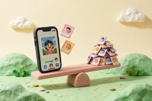 Clay illustration: a giant clay photograph on a seesaw outweighing a pile of tiny photographs on the other end