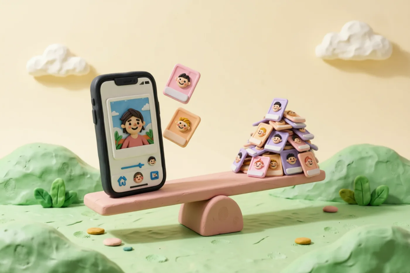 Clay illustration: a giant clay photograph on a seesaw outweighing a pile of tiny photographs on the other end