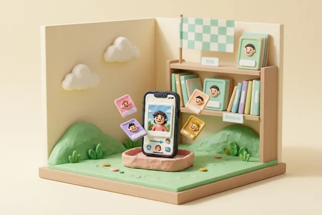 Clay illustration: a checkered finish flag planted beside a tidy shelf of labeled clay photo albums