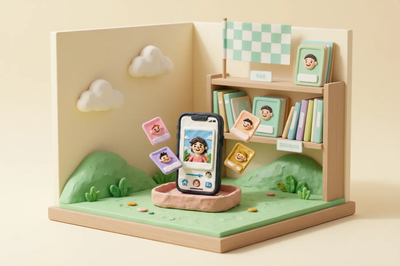 Clay illustration: a checkered finish flag planted beside a tidy shelf of labeled clay photo albums