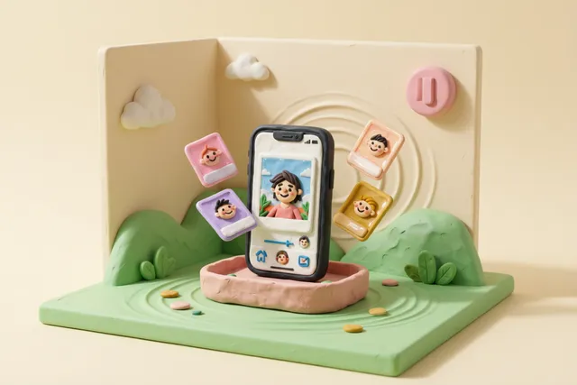 Clay illustration: a clay photograph with gentle ripple lines around it and a chunky pause button floating at its corner