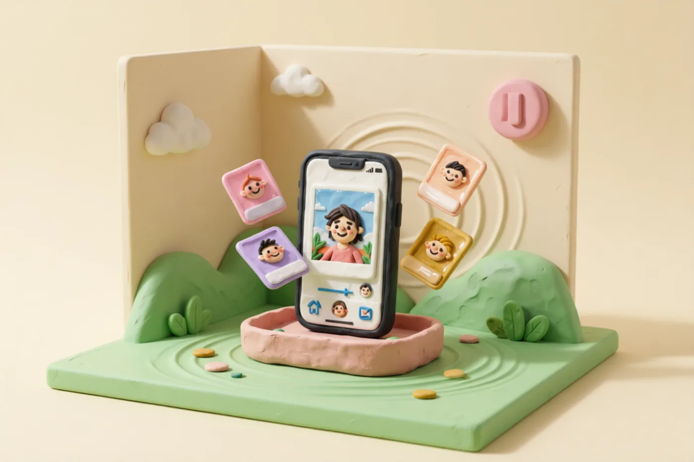 Clay illustration: a clay photograph with gentle ripple lines around it and a chunky pause button floating at its corner