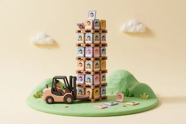 Clay illustration: a tiny clay forklift stacking pallets of miniature photographs into a tall neat tower