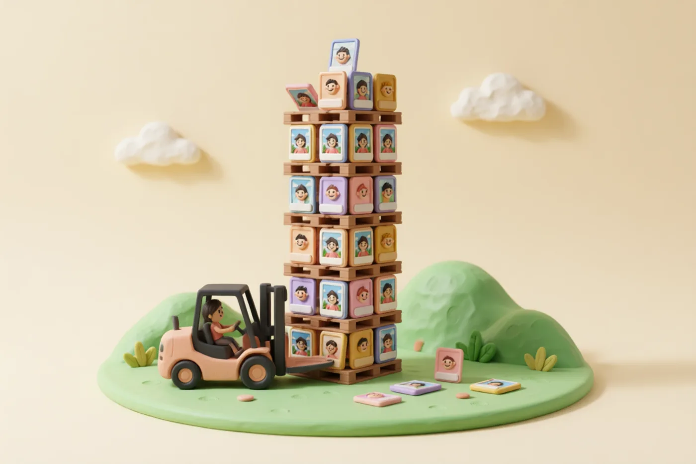 Clay illustration: a tiny clay forklift stacking pallets of miniature photographs into a tall neat tower