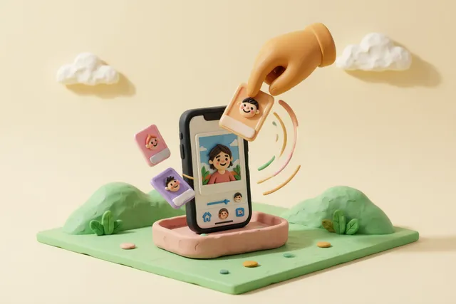 Clay illustration: a chunky clay hand flicking a photograph card off a smartphone screen