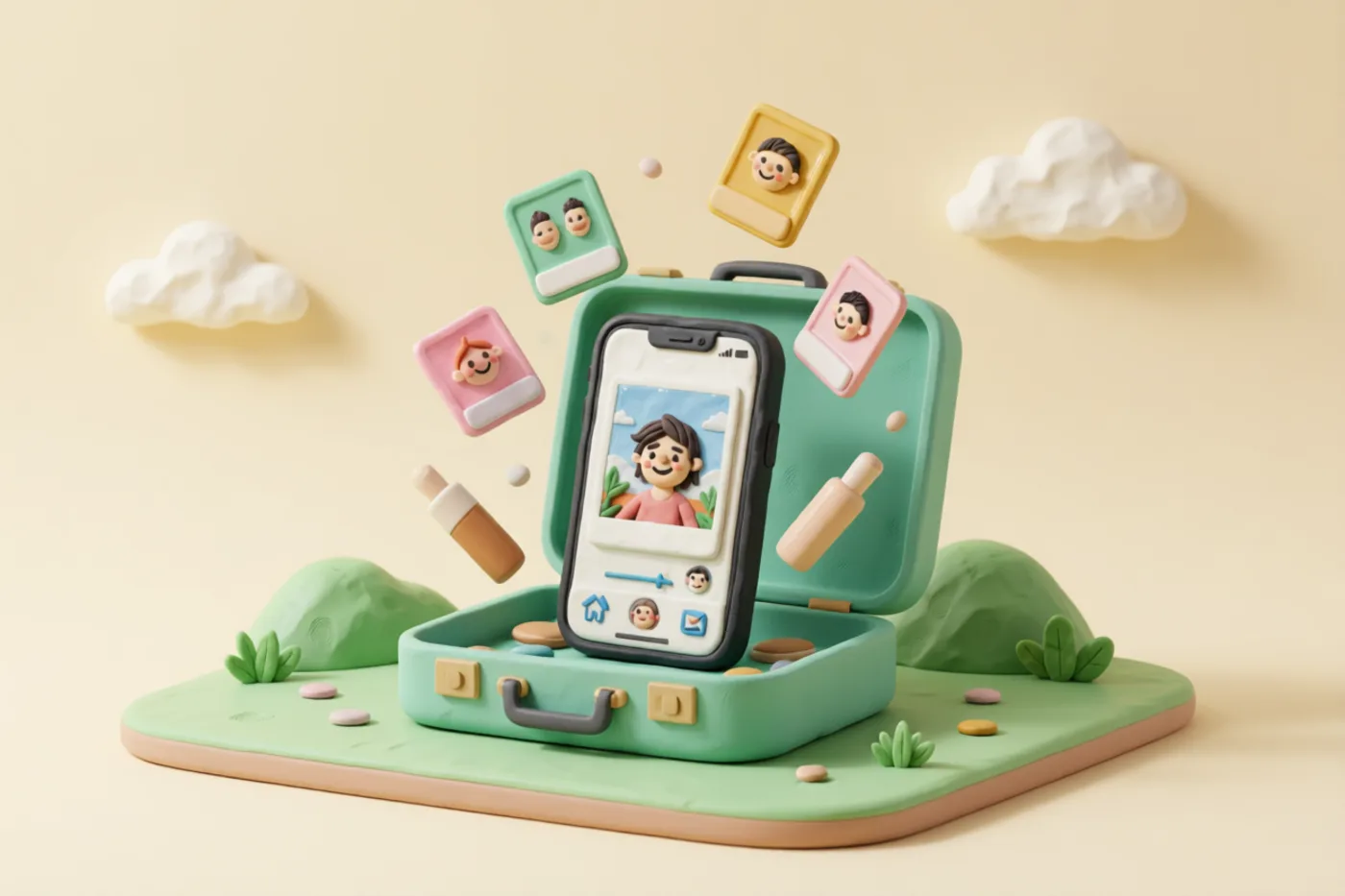 Clay illustration: a suitcase-shaped clay phone with its lid open and a few items gently floating up and out
