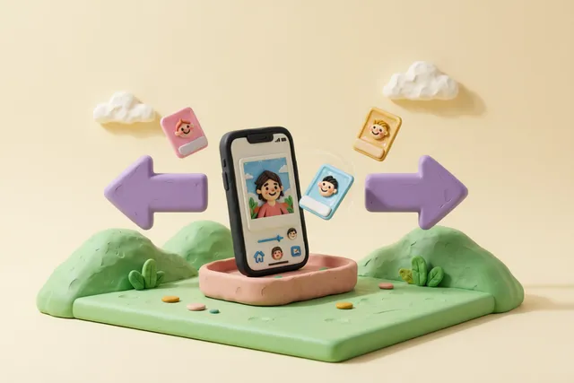 Clay illustration: a large arrow pointing left and a large arrow pointing right with a single photograph card caught mid-swipe between them