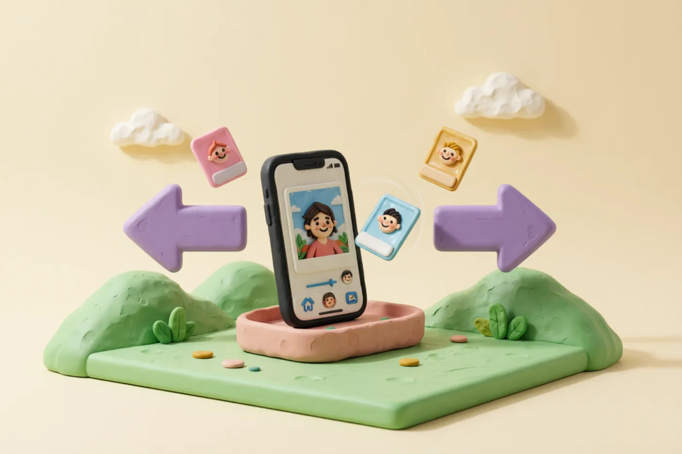 Clay illustration: a large arrow pointing left and a large arrow pointing right with a single photograph card caught mid-swipe between them
