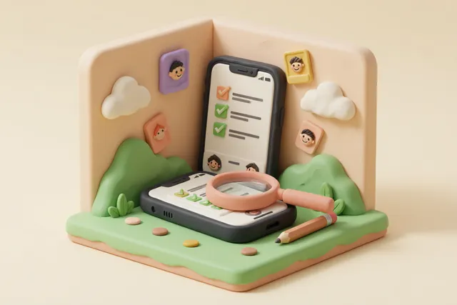 Clay illustration: a clay magnifying glass resting over a smartphone that shows a small checklist with check marks