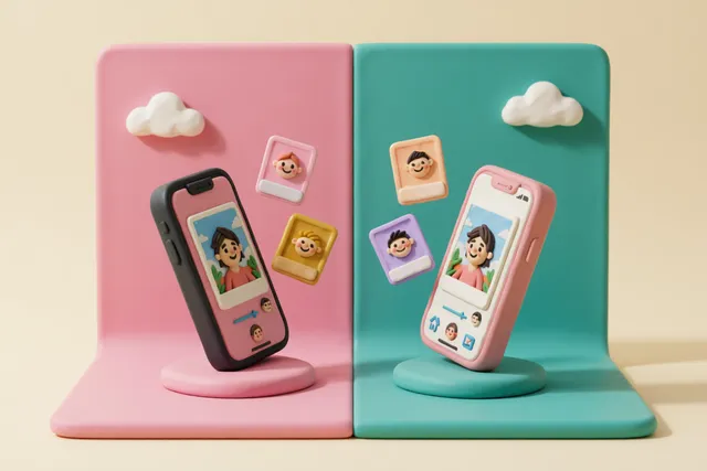 Clay illustration: two clay smartphones facing off on a background split into a pink half and a teal half