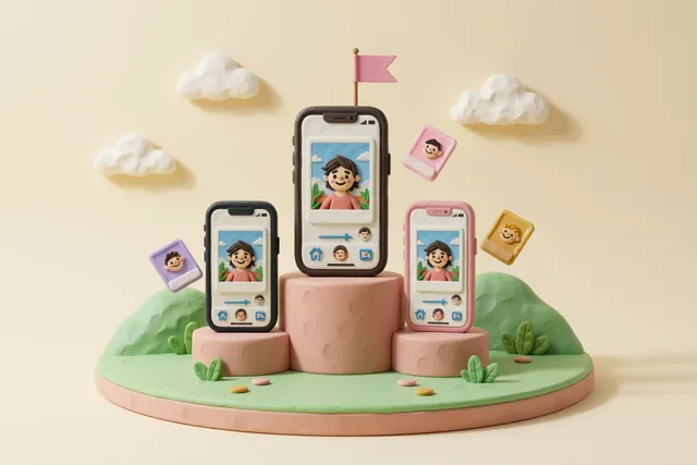 Clay illustration: three clay smartphones of slightly different heights standing on a podium