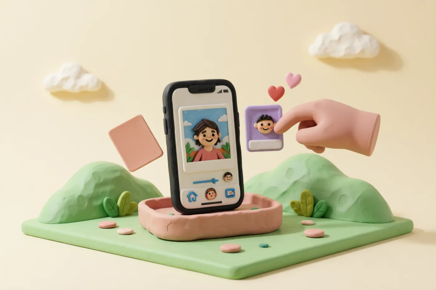 Clay illustration: a chunky clay hand flicking a heart-topped photograph card to the right while a plain card exits to the left