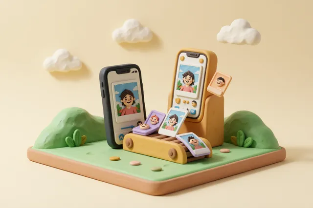 Clay illustration: a clay smartphone with a tiny conveyor belt printing pairs of identical photographs out of its screen