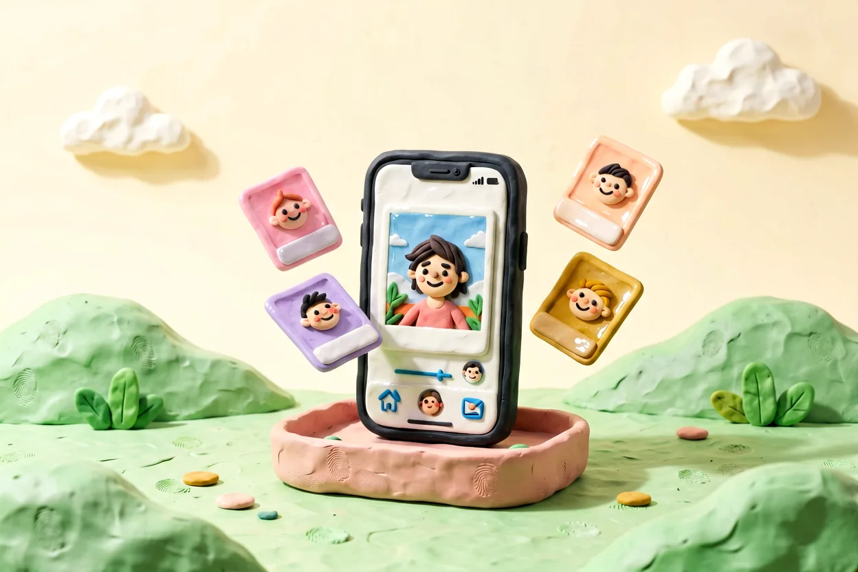 Clay-style illustration of a phone tossing photo cards into a sorting tray on green hills.