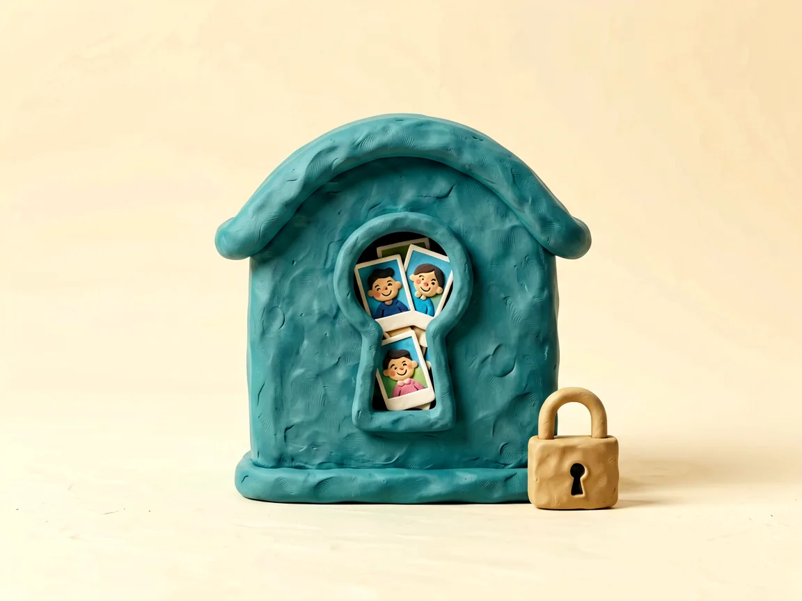 Clay illustration of a teal vault keeping smiling photo cards safe.