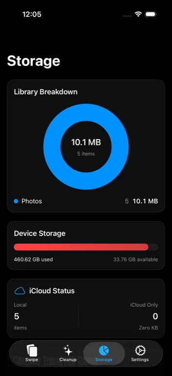 TidyByte storage dashboard with a donut chart of photos, videos, screenshots, Live Photos, and other.