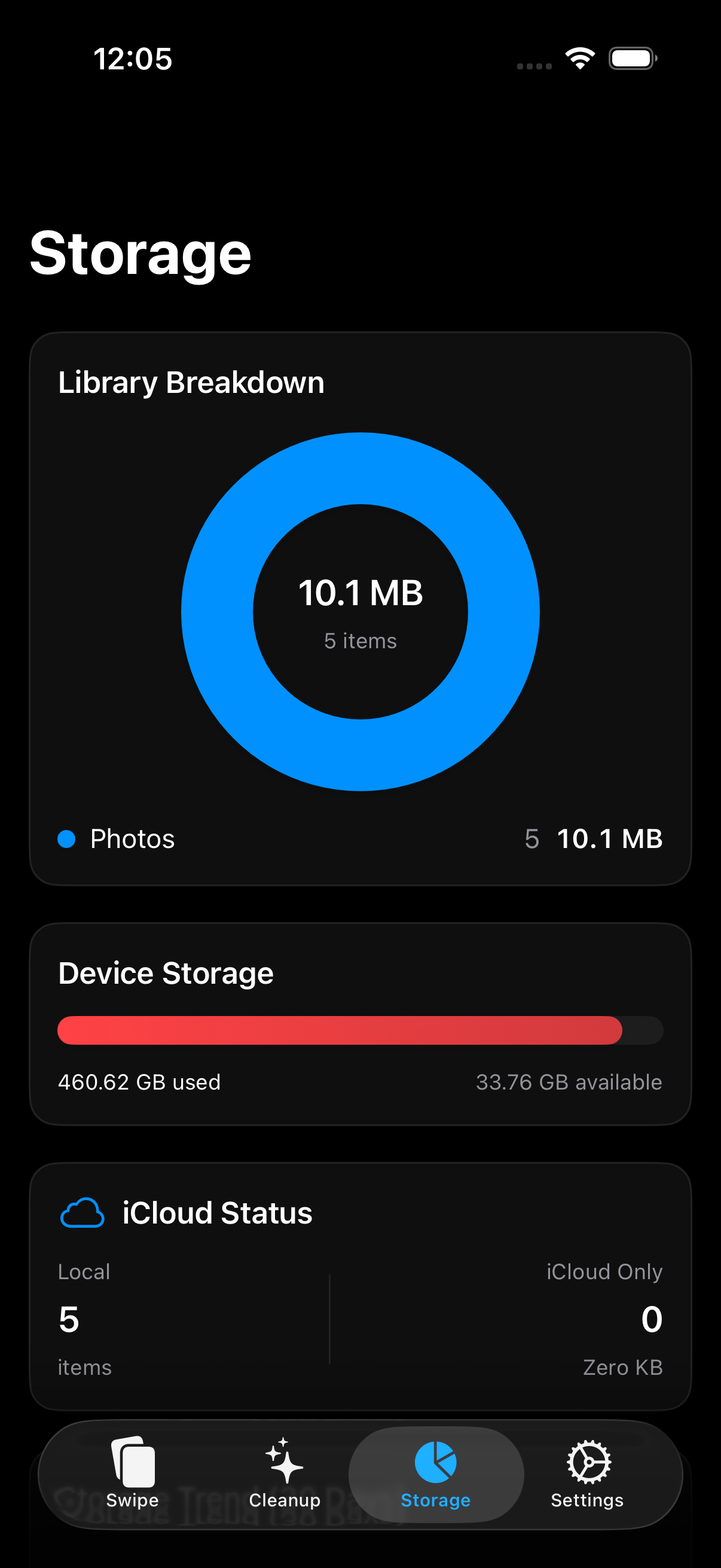 TidyByte storage dashboard with a donut chart of photos, videos, screenshots, Live Photos, and other.